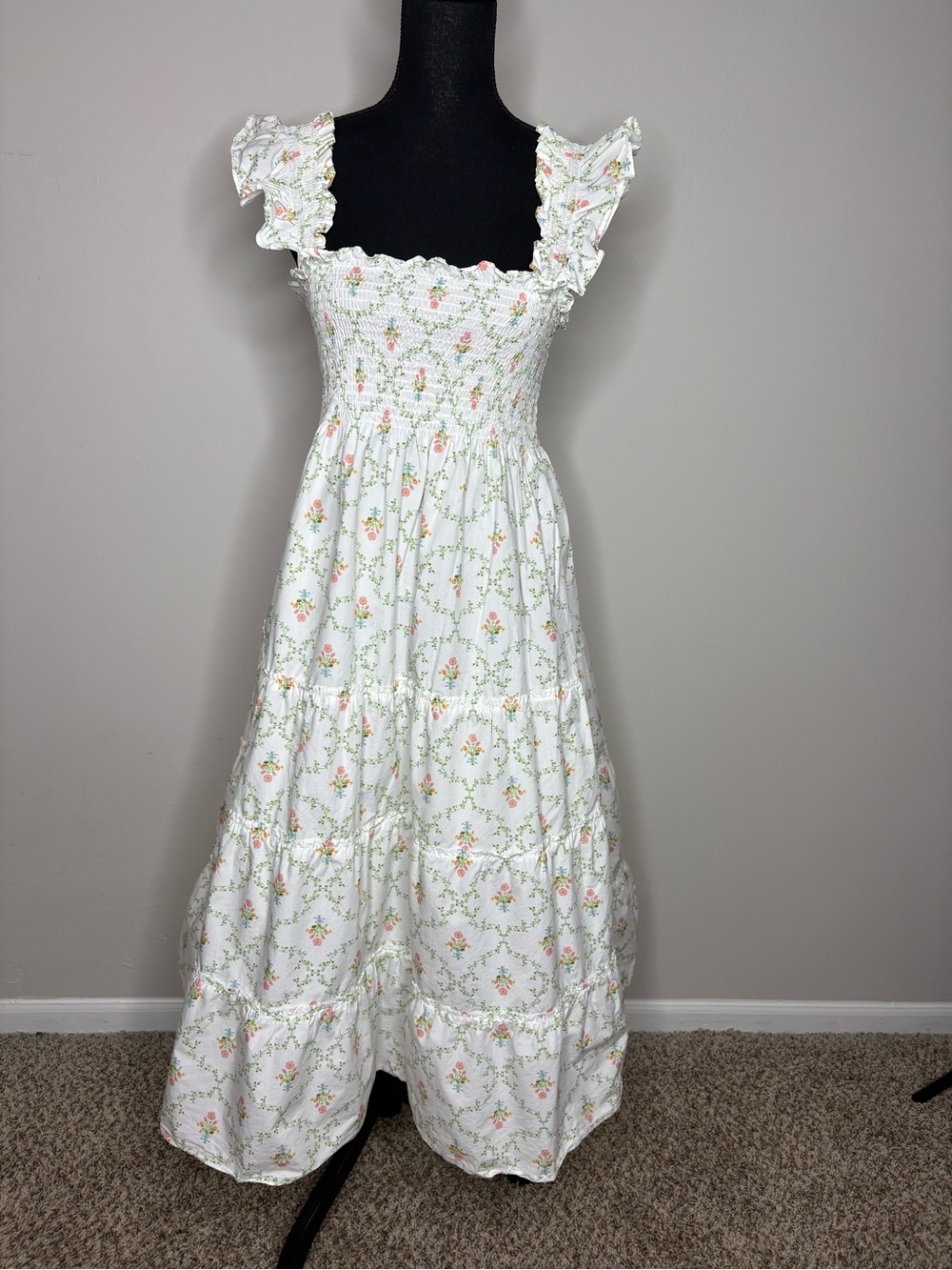 Hill House White Floral Smocked Maxi Dress with Pink & Green Accents - Picture 2 of 4